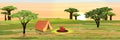 Tent for rest and tourism in the African savannah. Bonfire. Realistic vector landscape. The nature of Africa